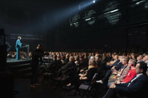 Estonian president Kersti Kaljulaid speaking at Tallinn Music Week