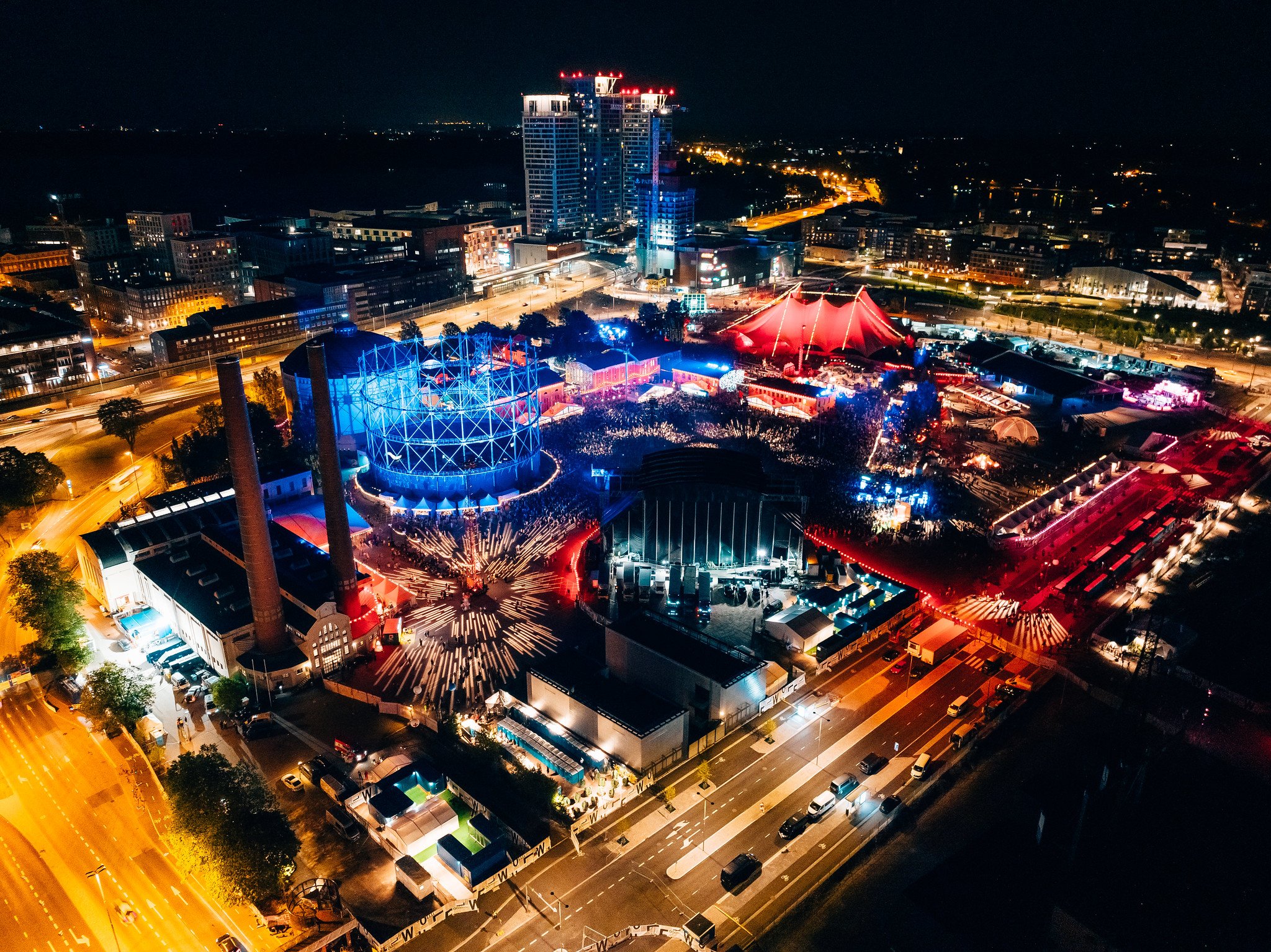 An arial shot of the Flow site at night